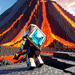 **A Minecraft volcano landscape. A player wearing diamond armor is narrowly avoiding lava while mining for diamonds at the base of the volcano.**