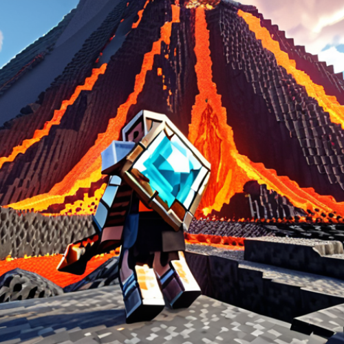 Home 15 **A Minecraft volcano landscape. A player wearing diamond armor is narrowly avoiding lava while mining for diamonds at the base of the volcano.**