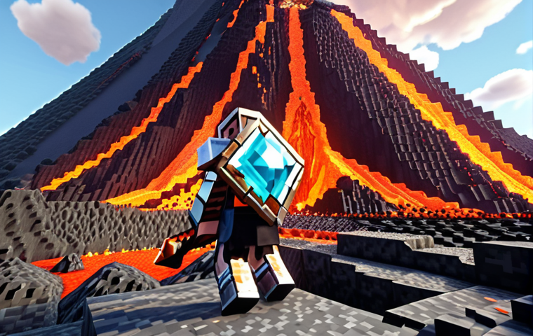 **A Minecraft volcano landscape. A player wearing diamond armor is narrowly avoiding lava while mining for diamonds at the base of the volcano.**
