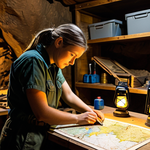 Home 7 A professional female explorer, fully clothed in durable, modest exploration gear and appropriate attire, stands in a meticulously organized base camp. She is intently studying a detailed map illustrating an underground mine layout, with various mining tools like pickaxes, torches, and a water bucket neatly arranged on a sturdy wooden table. The background features shelves stocked with supplies, illuminated by the warm, inviting glow of a lantern. This image is safe for work, appropriate content, and family-friendly. Perfect anatomy, correct proportions, natural pose, well-formed hands, proper finger count, natural body proportions, professional photography, high quality, ultra-detailed.