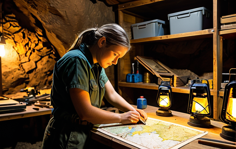 A professional female explorer, fully clothed in durable, modest exploration gear and appropriate attire, stands in a meticulously organized base camp. She is intently studying a detailed map illustrating an underground mine layout, with various mining tools like pickaxes, torches, and a water bucket neatly arranged on a sturdy wooden table. The background features shelves stocked with supplies, illuminated by the warm, inviting glow of a lantern. This image is safe for work, appropriate content, and family-friendly. Perfect anatomy, correct proportions, natural pose, well-formed hands, proper finger count, natural body proportions, professional photography, high quality, ultra-detailed.
